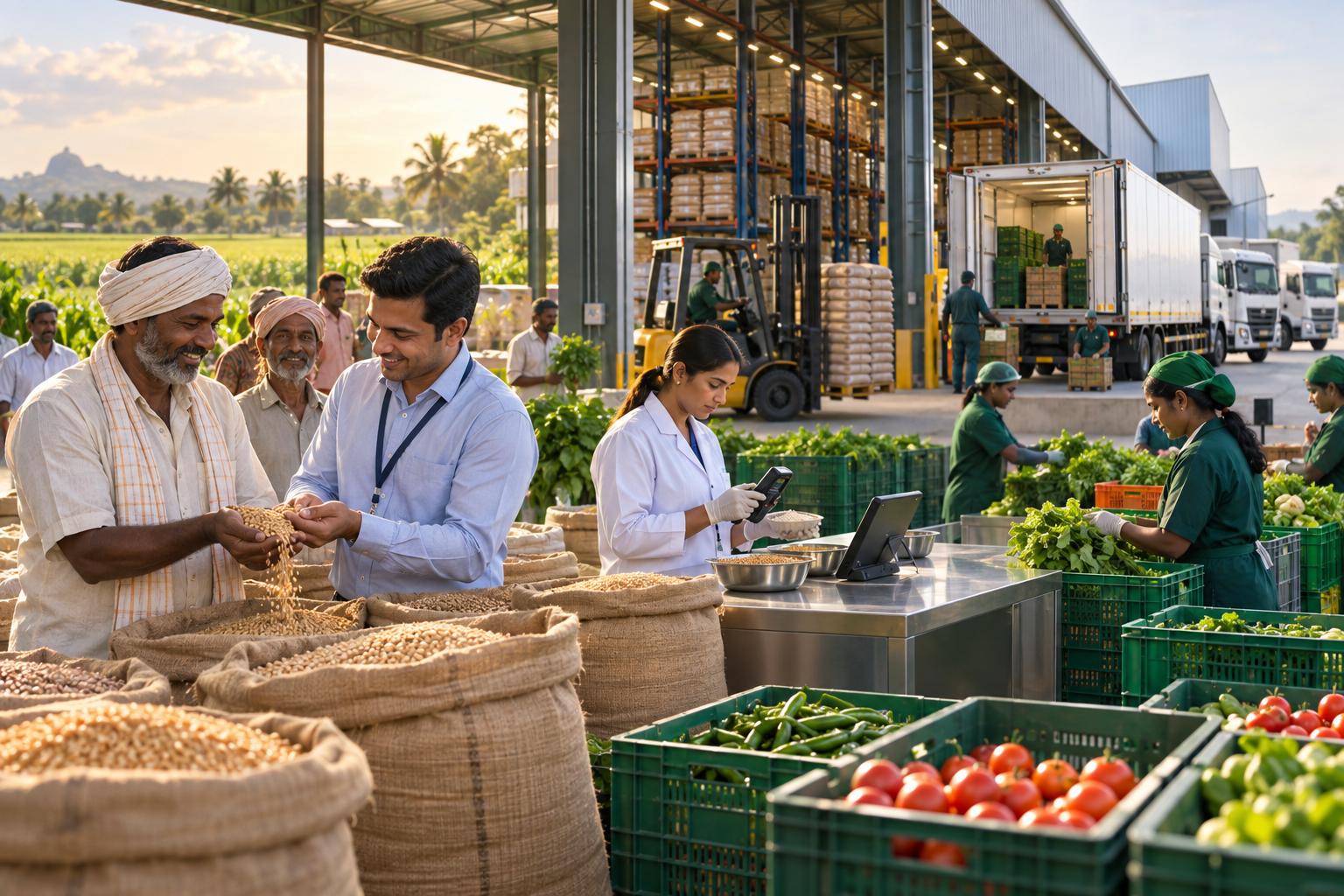 Indian farmer producers and professionals at an agricultural collection and logistics facility