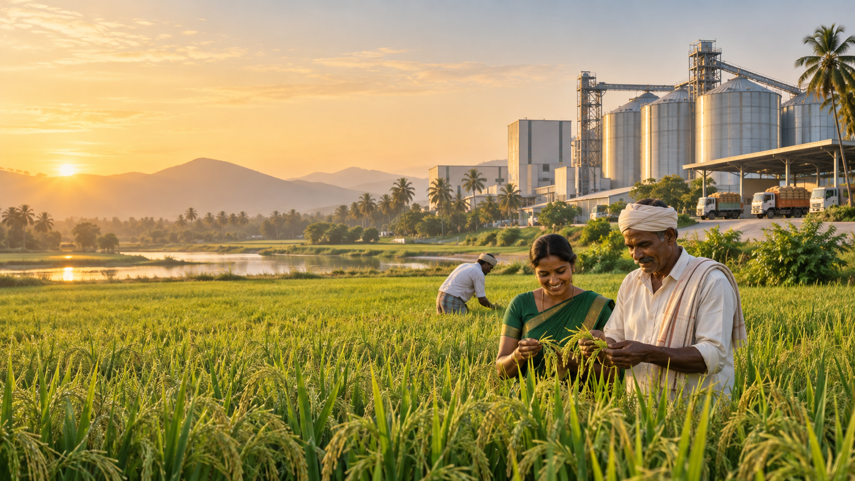Indian farmers in a paddy field beside a modern agricultural processing facility
